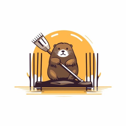 Cute beaver with a shovel on the lake. Vector illustration