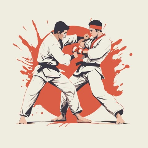 Vector illustration of two karate fighters in kimono fight.