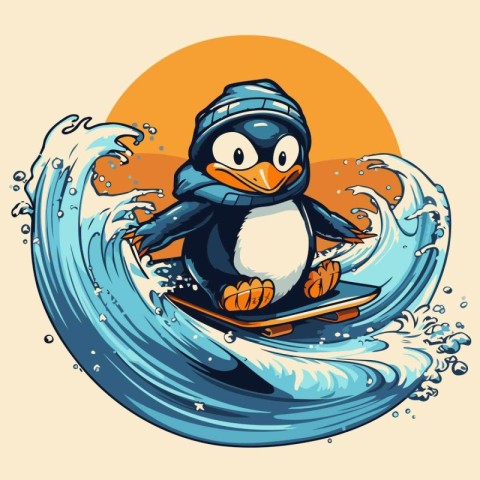 Cartoon penguin surfing on a surfboard. Vector illustration.