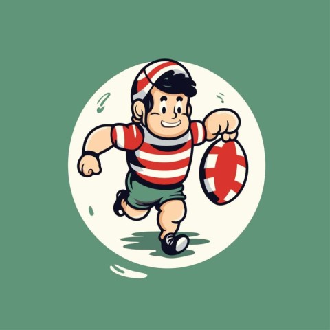 Rugby player running with ball. Vector illustration. Cartoon sty