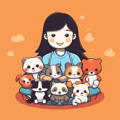 Girl with a group of animals. Vector illustration in cartoon sty