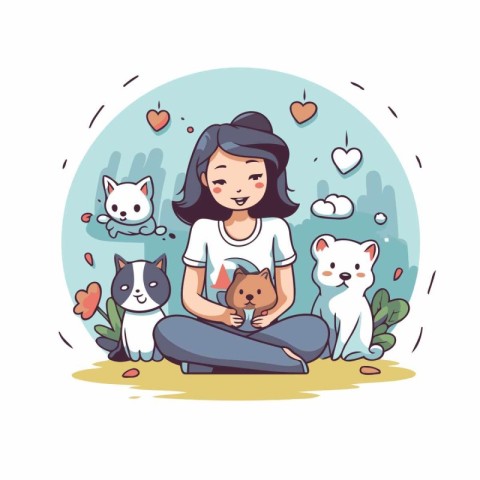 Cute girl with cats and dogs. Vector illustration in cartoon sty