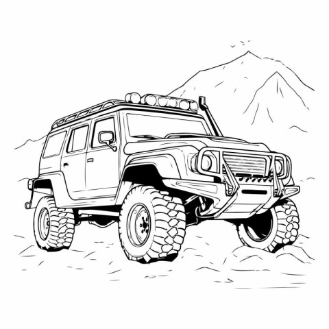 Off-road vehicle in the mountains. Black and white vector illust