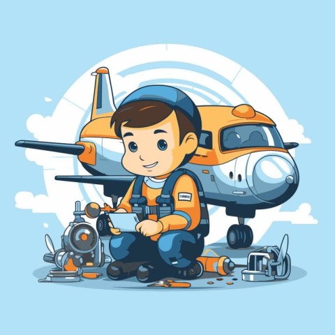 Cartoon boy repairing airplane. Vector illustration in a flat st