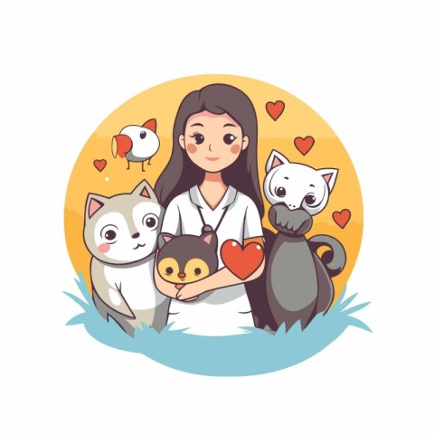 Veterinarian woman holding cat and dog. Vector illustration in c