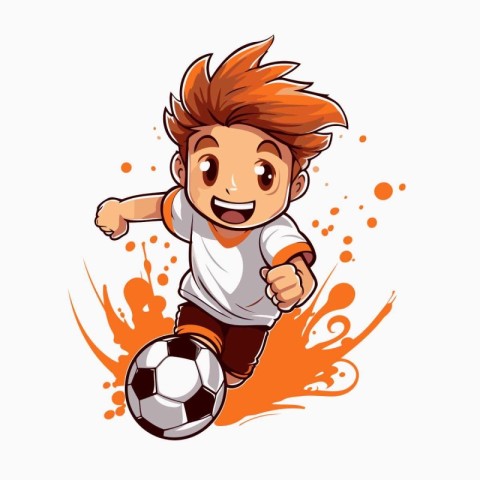 Cute cartoon boy playing soccer. Vector illustration isolated on