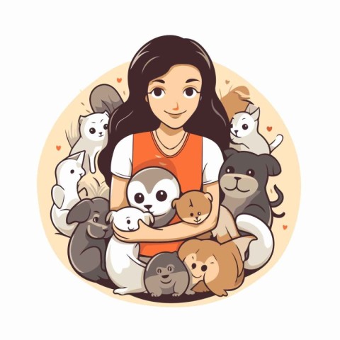 Cute girl with many pets. Vector illustration in cartoon style.