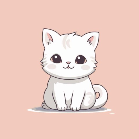 Cute white cat sitting on the floor. Vector cartoon illustration