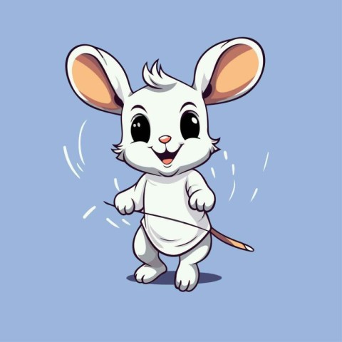 Cute little white mouse on a blue background. Vector illustratio