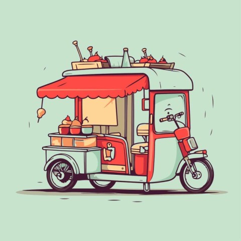 Tuk-tuk. Fast food cart. Vector illustration.