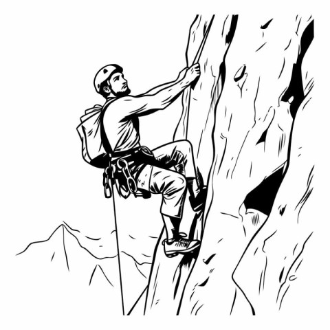 Man climbing on a cliff. Black and white hand drawn vector illus