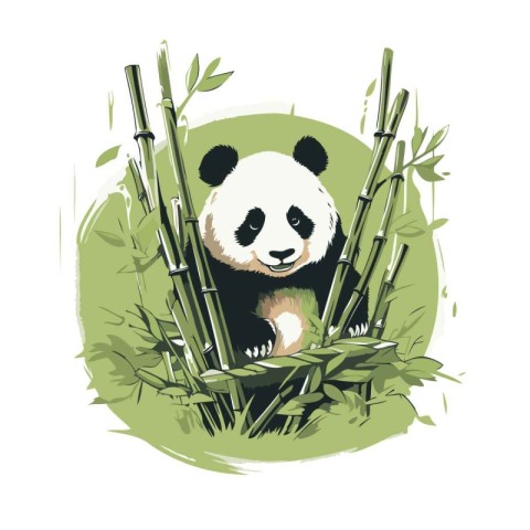 Cute panda bear in bamboo forest. Hand drawn vector illustration