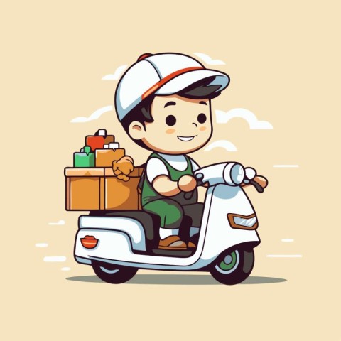 Cute cartoon delivery boy riding a scooter. vector illustration.