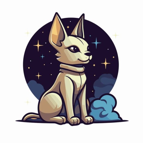 Cute dog sitting on the background of the night sky. Vector illu