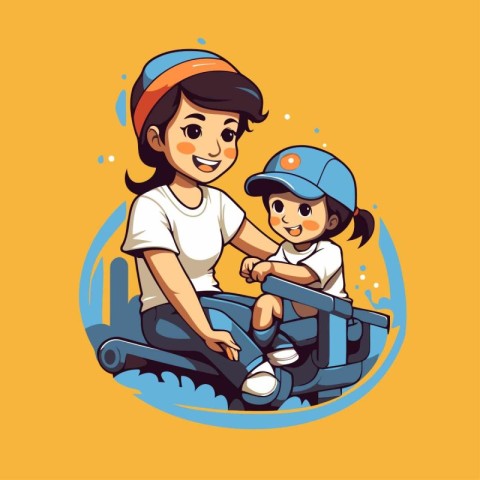 Mother and daughter driving a car. Vector illustration in cartoo