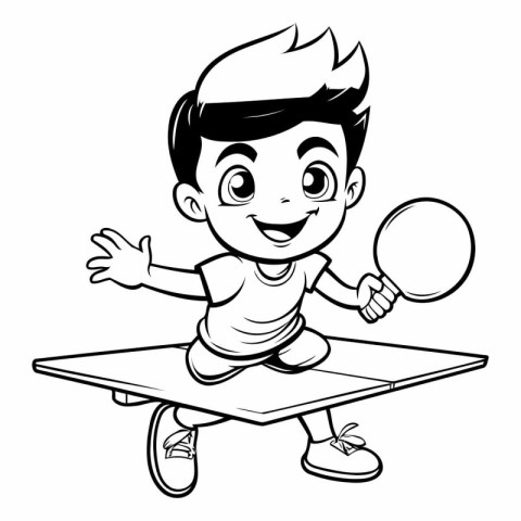 Boy playing table tennis - Black and White Cartoon Illustration.