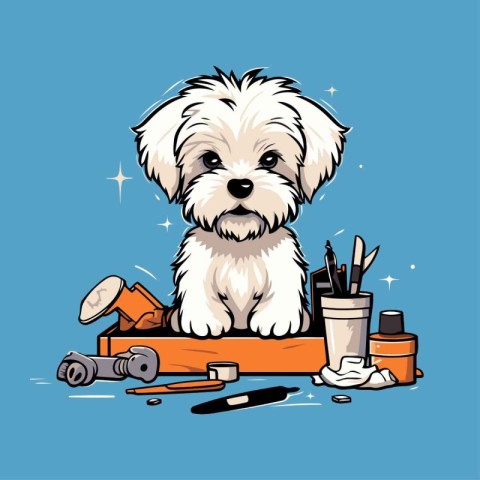 Cute little Maltese puppy sitting in a box. Vector illustration.