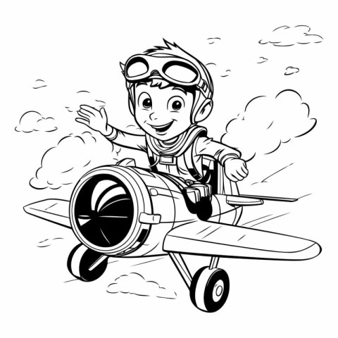 Boy pilot with airplane. Vector illustration. Coloring book for