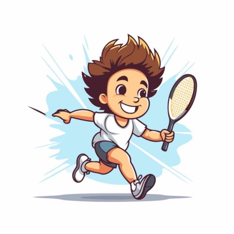 Cartoon boy playing tennis. Vector illustration of a boy playing