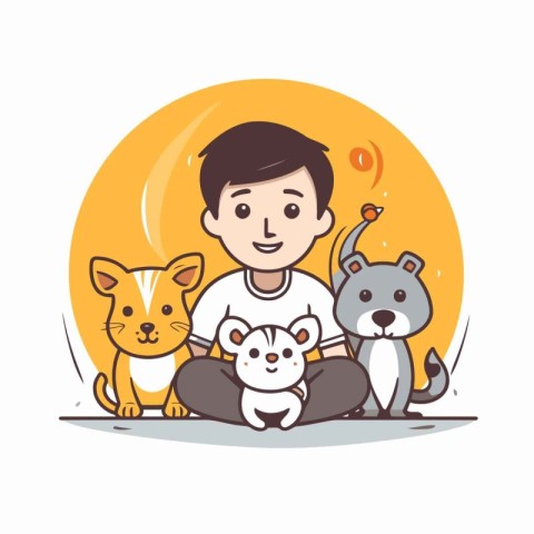 Cute boy with dog and cat. Vector illustration in cartoon style