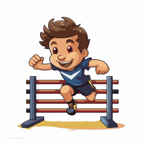 Cartoon boy jumping over a hurdle. Vector illustration isolated