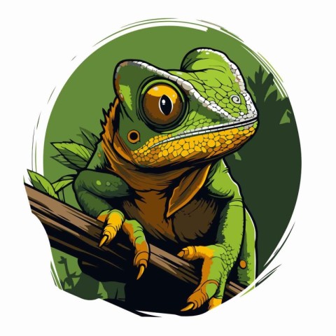 Chameleon on a branch in the jungle. Vector illustration.