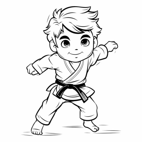 Karate boy - black and white vector illustration for coloring bo