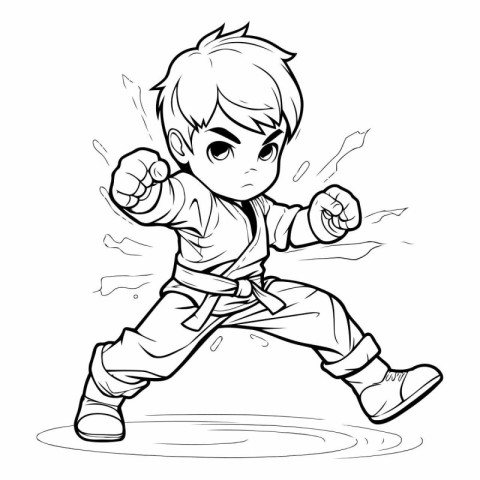 Kung fu boy. Black and white vector illustration for coloring bo