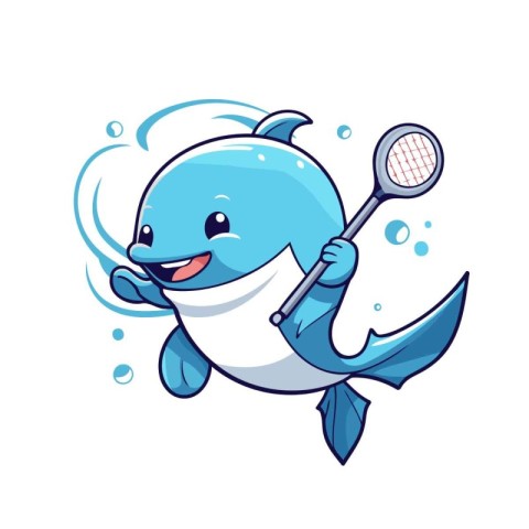 Cute cartoon blue whale with a tennis racket. Vector illustratio