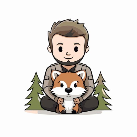cute fox and man with pine trees vector illustration eps 10