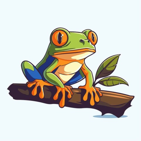 illustration of a green frog sitting on a branch. Vector illustr