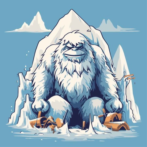 Funny cartoon gorilla in the snowy mountains. Vector illustratio