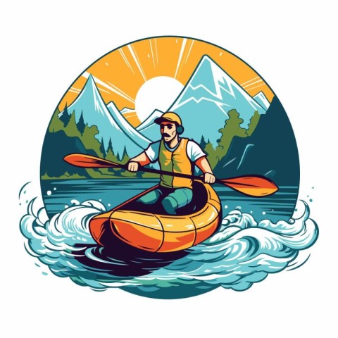 Kayaking in the mountains. Kayak on the river. Vector illustrati