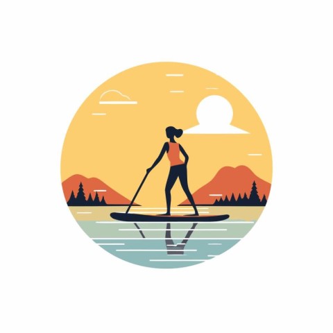 Woman on stand up paddle board. Vector illustration in flat styl