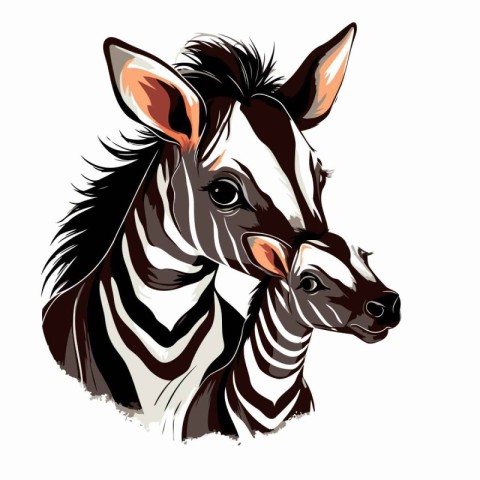 Zebra mother with her foal on a white background. Vector illustr