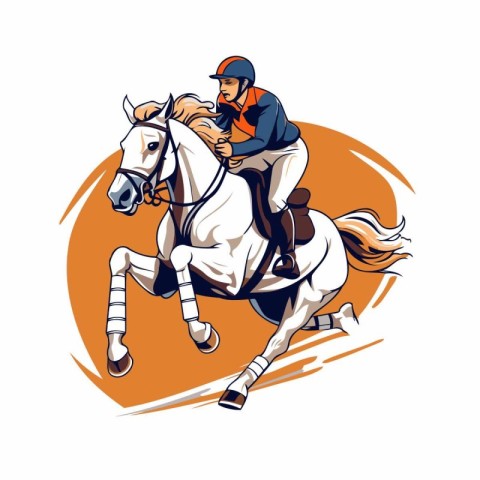 Illustration of a jockey on horse jumping set inside oval shape