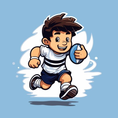 Rugby player running with ball. Vector illustration. Cartoon sty