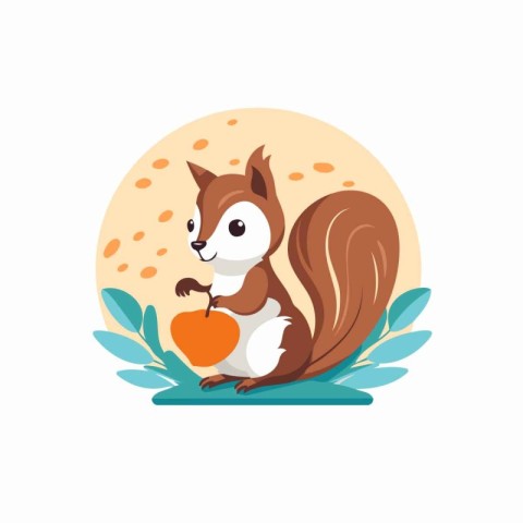 Squirrel with an apple. Cute cartoon character. Vector illustrat