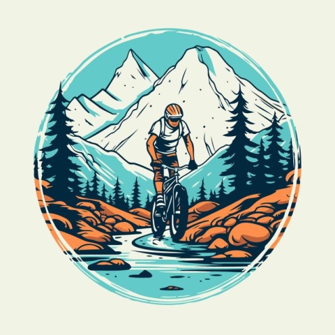 Mountain biker standing on the bank of a mountain river. vector