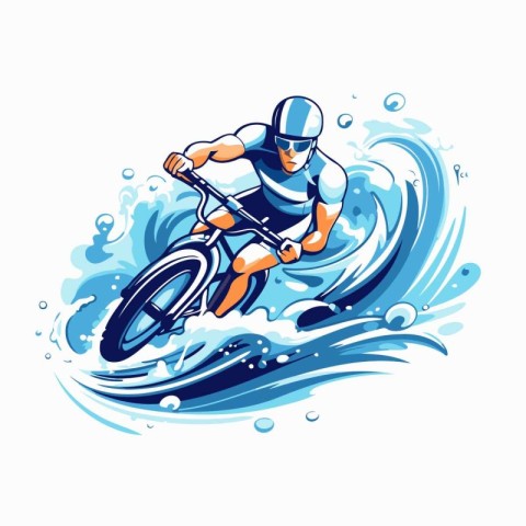 Cyclist riding on a wave. Vector illustration on white backgroun