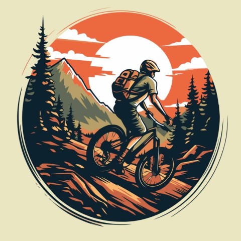 Biker riding on mountain bike in the forest. vector illustration