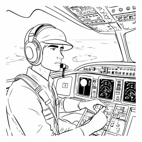 Pilot in the cockpit of a plane. Black and white vector illustra