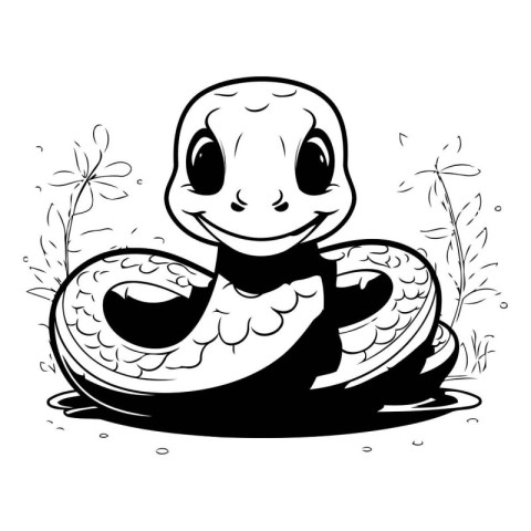 cute snake in the pond. vector illustration. black and white