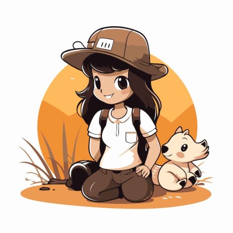 Illustration of a cute girl with her dog. Vector illustration.