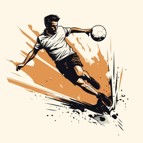 Soccer player kicking the ball. Vector illustration in retro sty