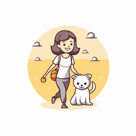 Girl walking with a dog in the park. Flat style vector illustrat