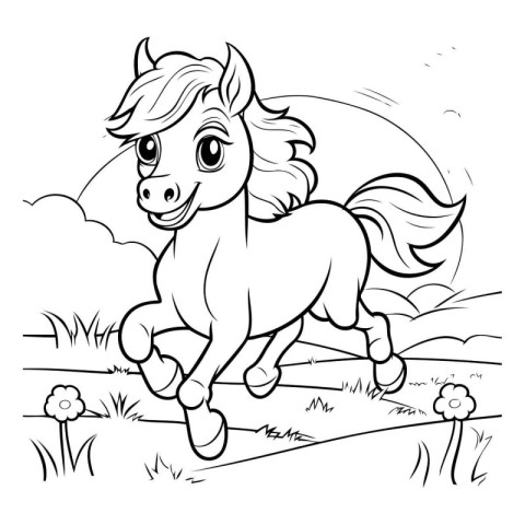 Black and White Cartoon Illustration of Cute Horse Animal for Co