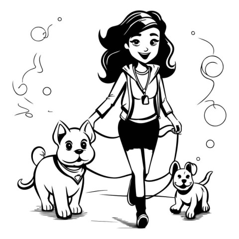 Black and white vector illustration of a young woman walking wit