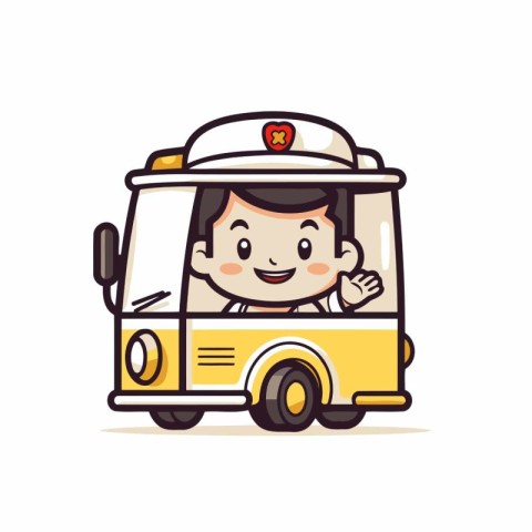 Cute boy driving school bus on white background. Vector illustra