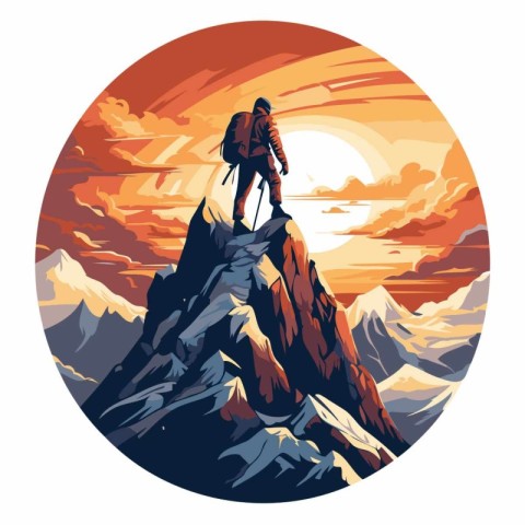 Hiker on top of a mountain at sunset. Vector illustration.